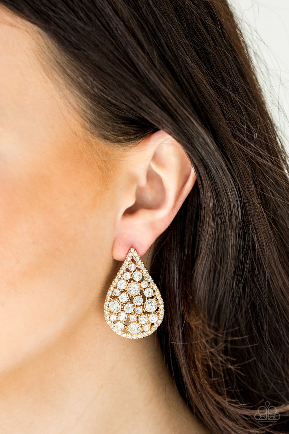 Paparazzi REIGN-Storm - Gold - White Rhinestones - Post Earrings