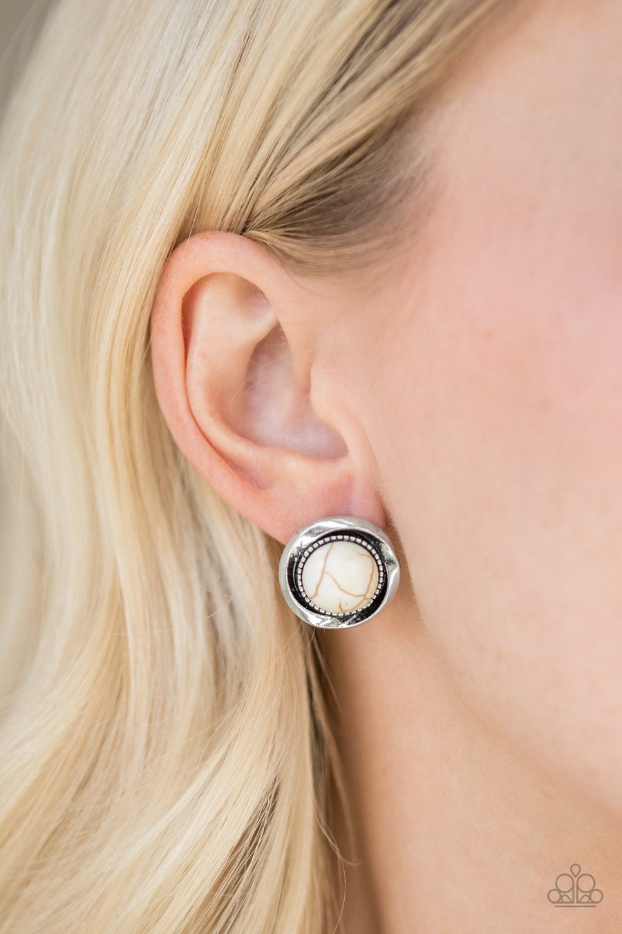 OUT OF THIS GALAXY - WHITE CRACKED STONE SILVER FRAME POST EARRINGS - PAPARAZZI
