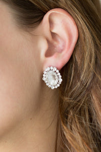 HOLD COURT - WHITE GEM RHINESTONE SILVER FRAME POST EARRINGS