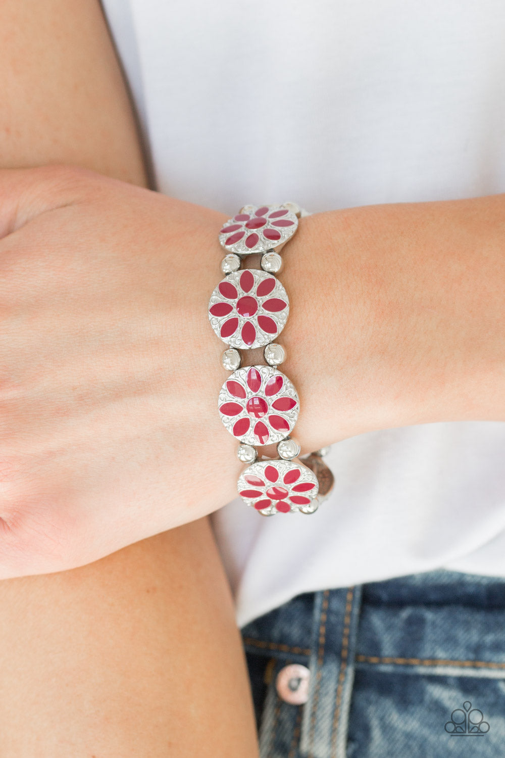 Dancing Dahlias - Red Floral Bracelet Paparazzi