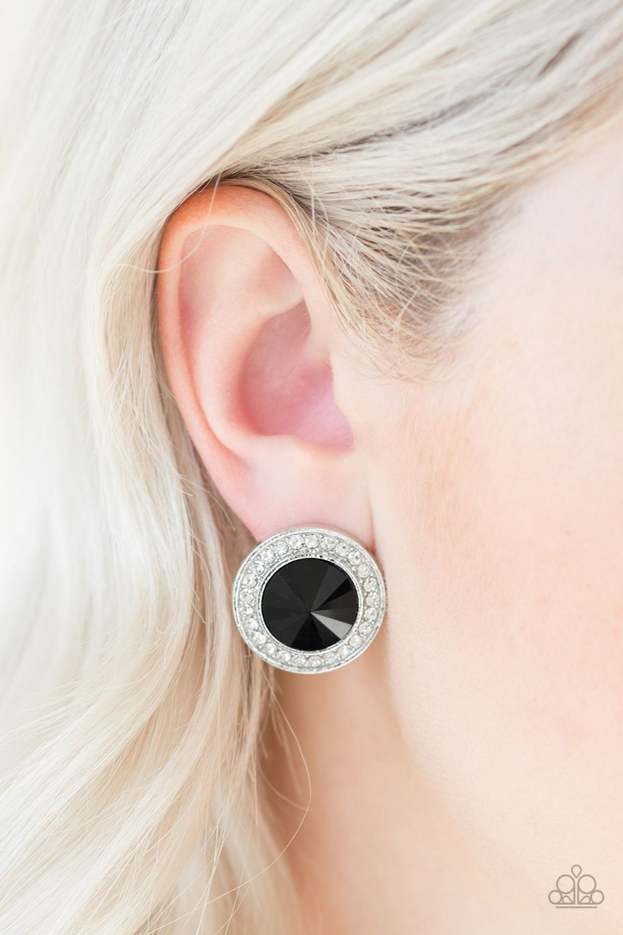 WHAT SHOULD I BLING? - BLACK GEM WHITE RHINESTONE SILVER POST EARRINGS - PAPARAZZI