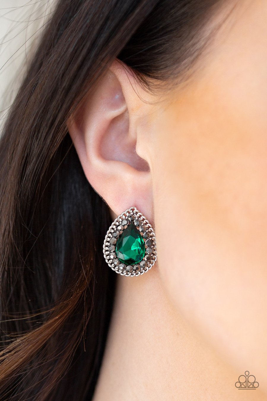 DEBUTANTE DEBUT - GREEN GEM SILVER TEARDROP POST EARRINGS - PAPARAZ