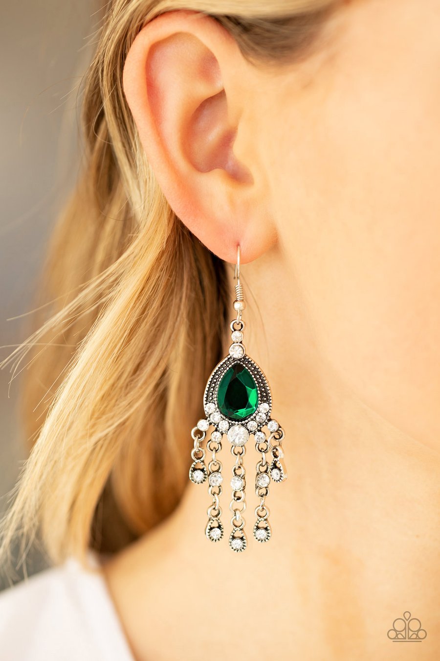 BLING BLISS - GREEN GEM WHITE RHINESTONE EARRINGS