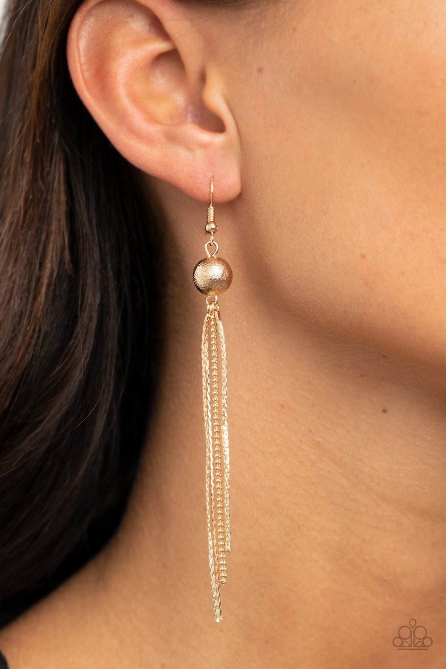 SLEEK-ING REVENGE - GOLD GLITTER BALL CHAIN FRINGE EARRINGS - PAPARAZZI