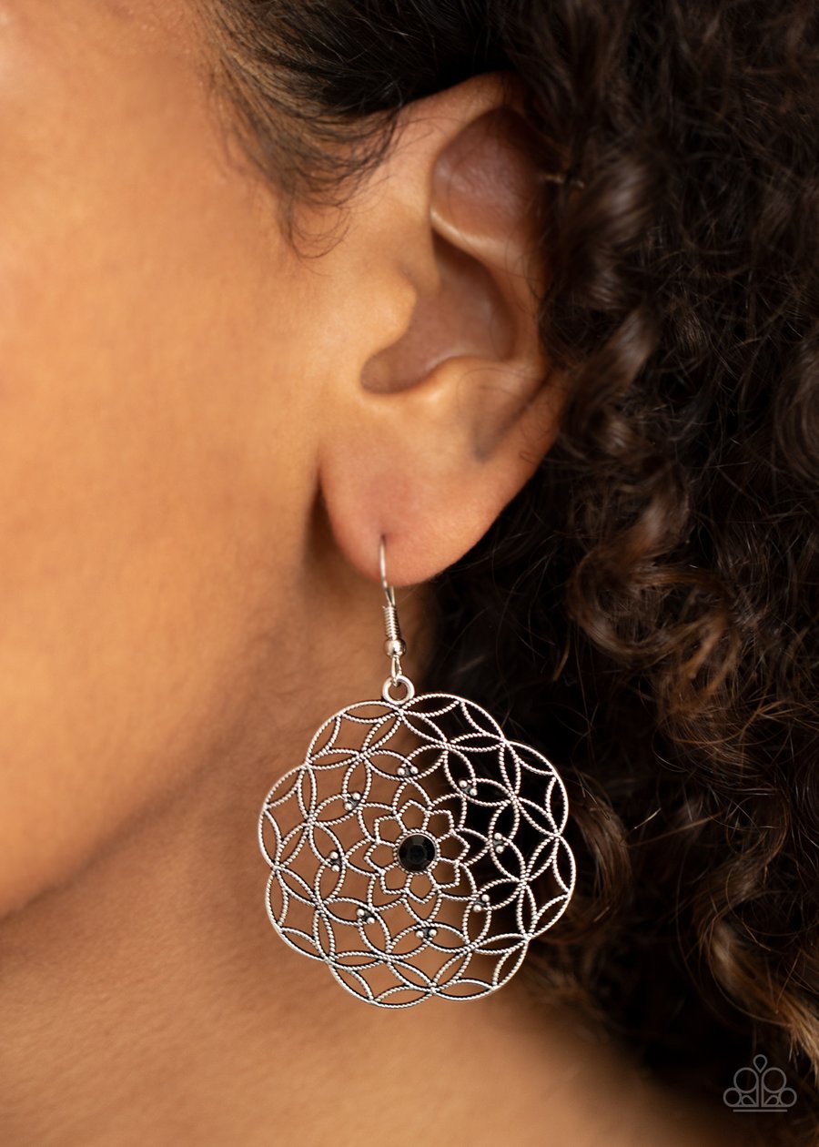 BOTANICAL BASH - BLACK RHINESTONE FLORAL FILIGREE EARRINGS