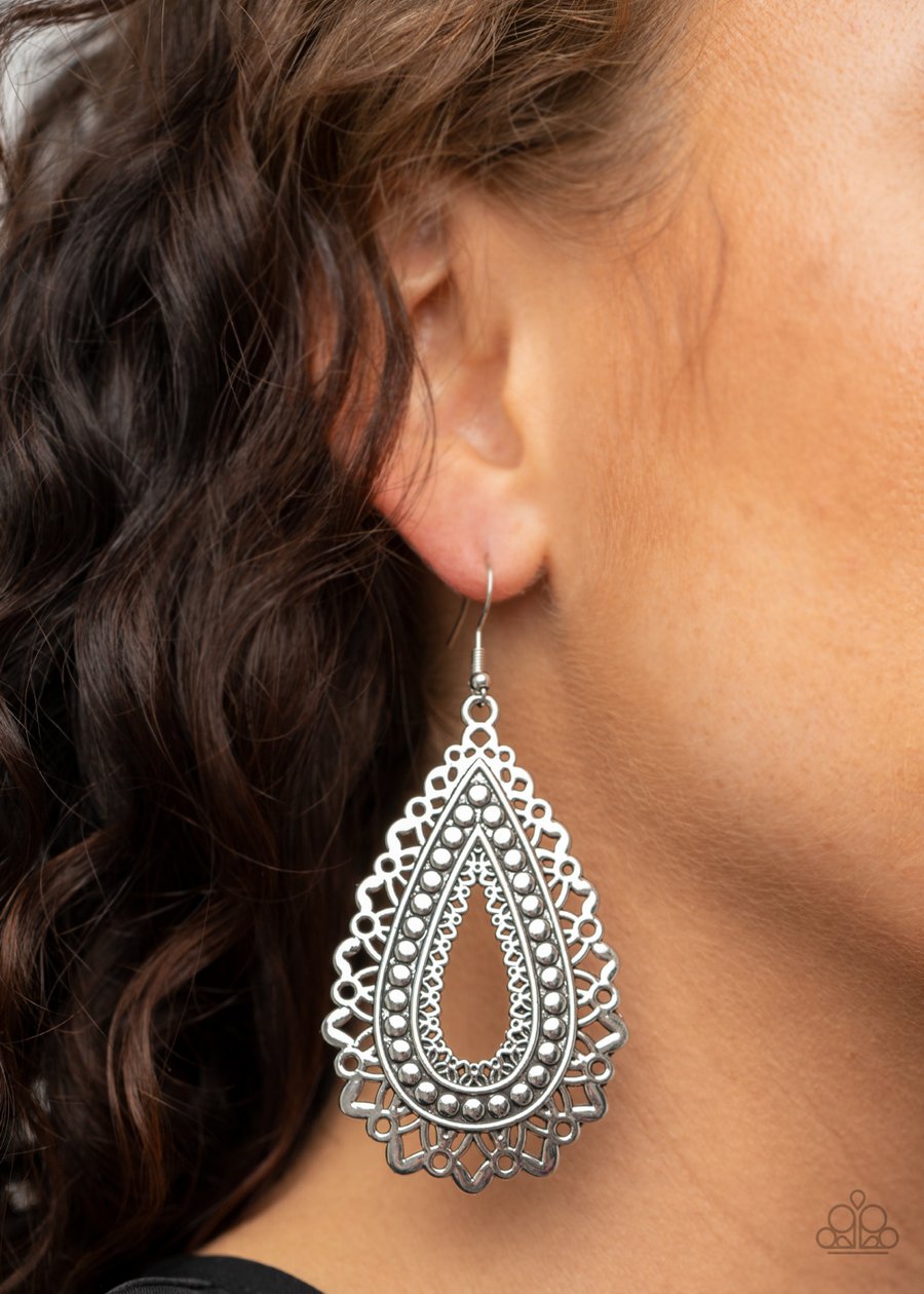 TEXTURE GARDEN - SILVER FLORAL  EARRINGS - PAPARAZZI