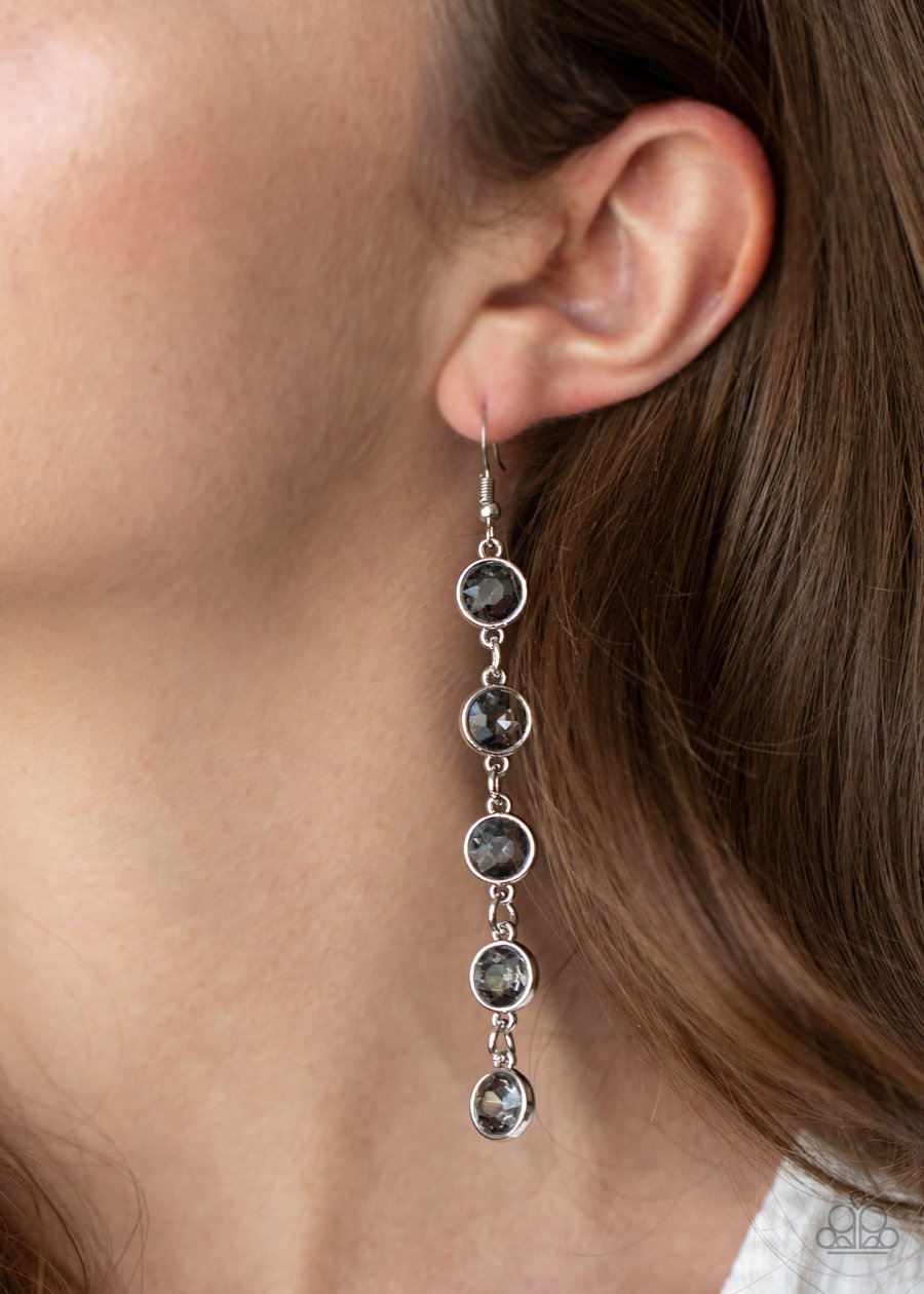 TRICKLE DOWN TWINKLE - SILVER SMOKEY RHINESTONE TRICKLE-DOWN EARRINGS - PAPARAZZI