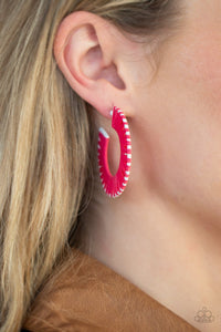 EVERYBODY CONGA! - PINK WICKER CORD WHITE HOOP EARRINGS - PAPARAZZI
