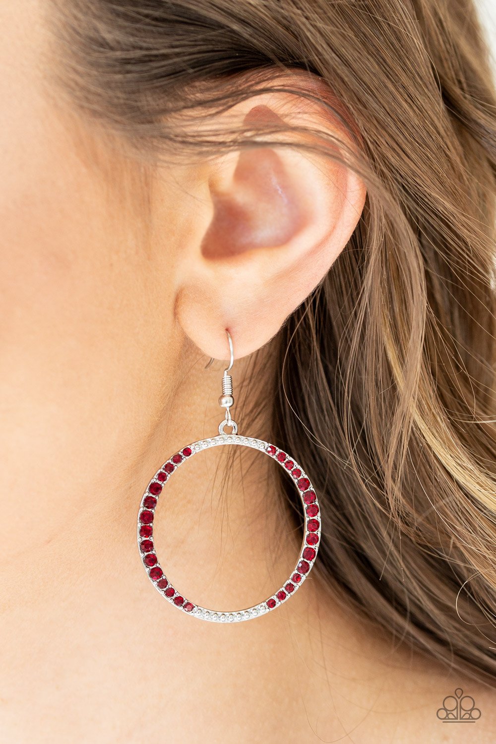 Paparazzi Risky Ritz - Red Rhinestones - Silver Hoop Earrings