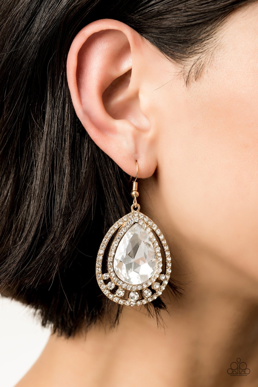 ALL RISE FOR HER MAJESTY - PAPARAZZI - GOLD FRAME WHITE RHINESTONE TEARDROP EARRINGS | 2019 CONVENTION EXCLUSIVE