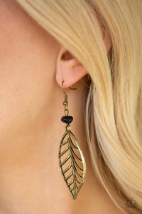 BOUGH OUT - PAPARAZZI - BRASS LEAF BLACK STONE EARRINGS