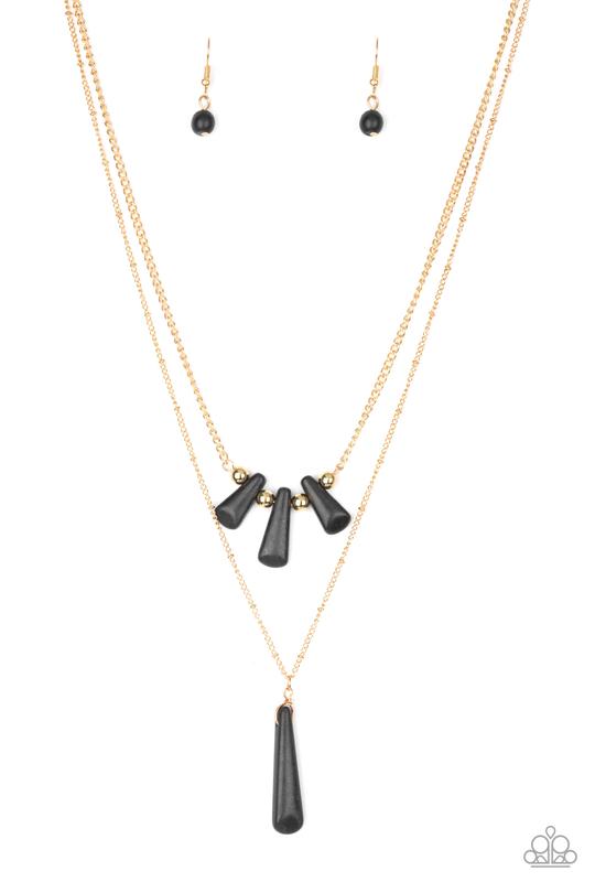 BASIC GROUNDWORK - BLACK STONE GOLD LAYERED NECKLACE - PAPARAZZI