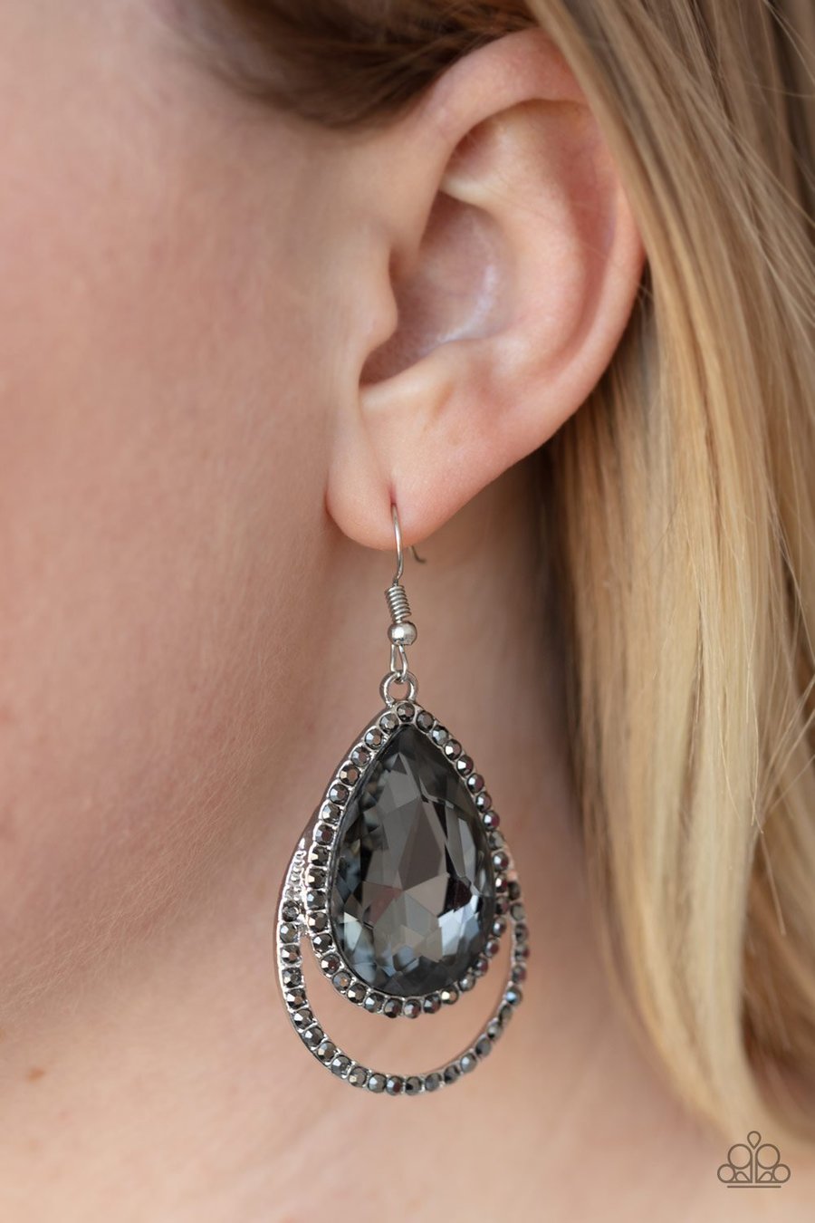 FAMOUS - PAPARAZZI - SILVER SMOKY GEM WHITE RHINESTONE TEARDROP EARRINGS