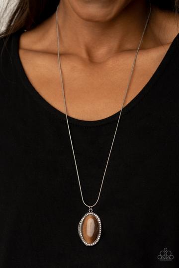 GLISTEN TO THIS - BROWN CAT'S EYE STONE SILVER PENDANT NECKLACE - PAPARAZZI