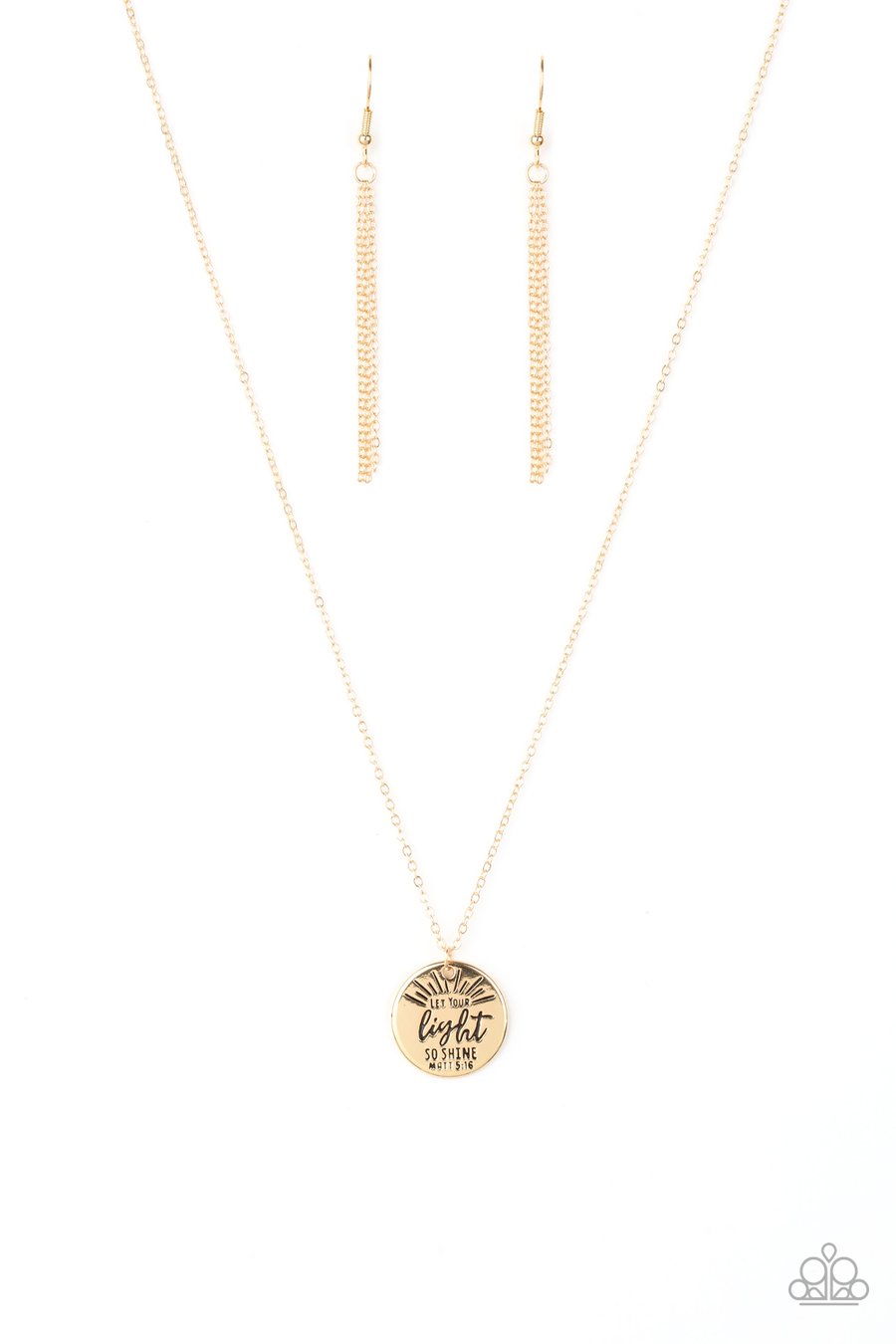 LET YOUR LIGHT SO SHINE - GOLD DISC MATT 5:16 STAMPED PENDANT NECKLACE