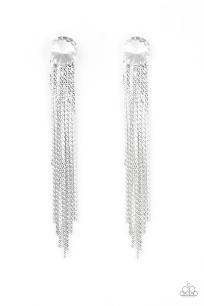 Level Up - White Rhinestone Tassel Earring Paparazzi