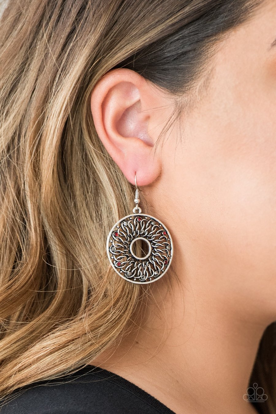 MALIBU MUSICAL - MULTI RED AND HEMATITE RHINESTONE SILVER WIRE CIRCLE EARRINGS