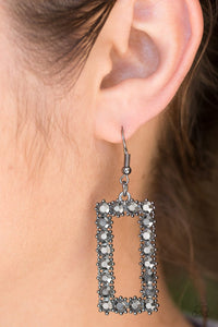 MIRROR MIRROR - PAPARAZZI - BLACK HEMATITE RHINESTONE RECTANGULAR GUNMETAL EARRINGS