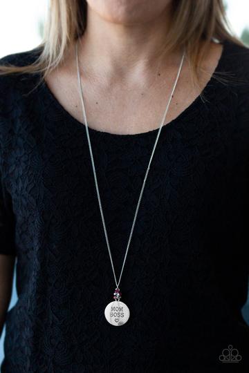 MOM BOSS -PINK RHINESTONE SILVER PENDANT NECKLACE Paparazzi