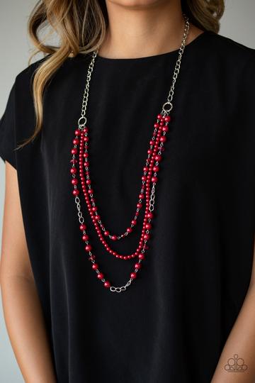 NEW YORK CITY CHIC - PAPARAZZI - RED PEARLY AND SILVER BEAD LAYERED NECKLACE