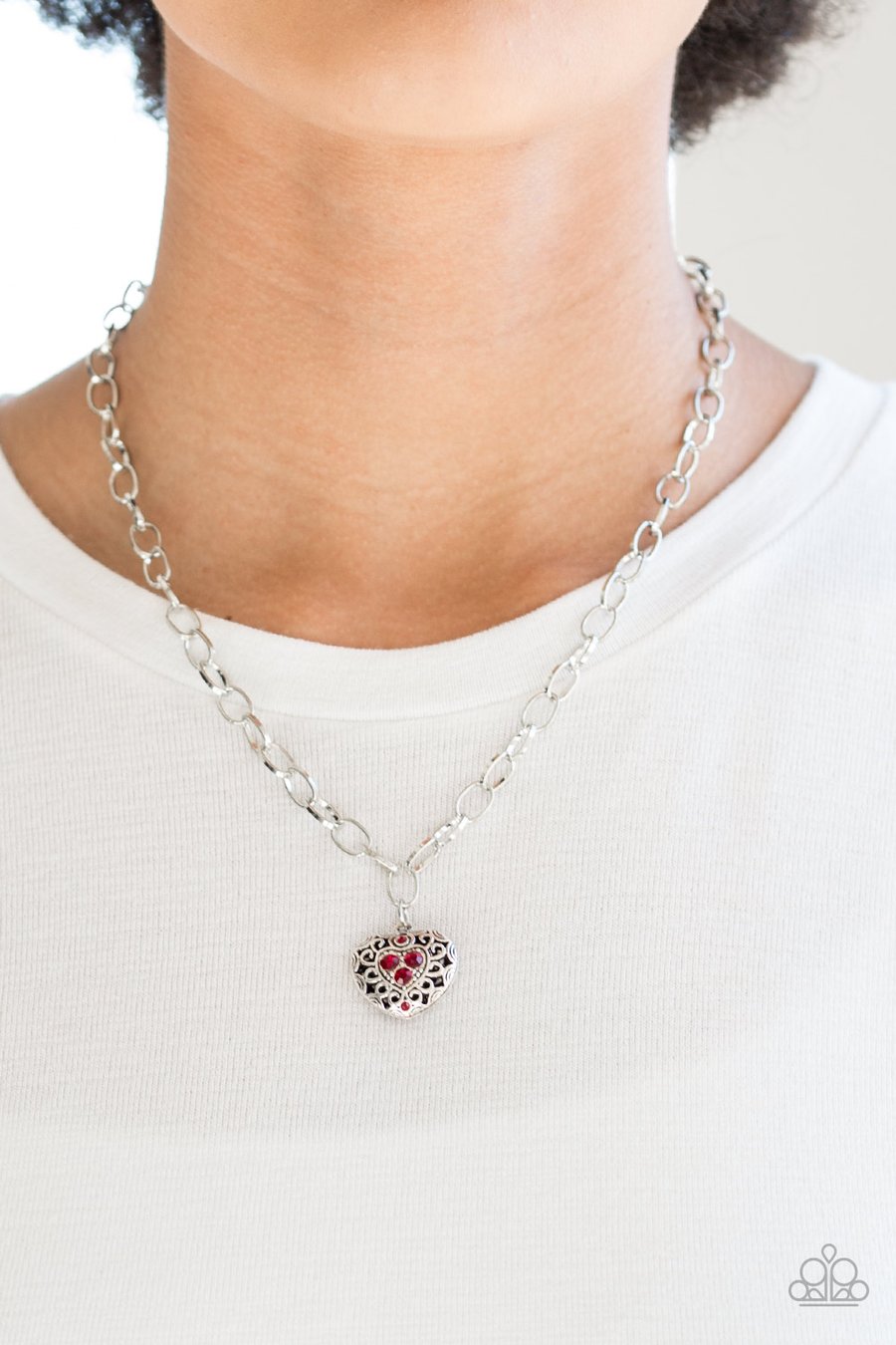 NO LOVE LOST - Red Heart Rhinestone Silver Necklace Paparazzi