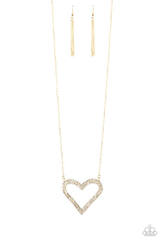 PULL SOME HEART-STRINGS - PAPARAZZI - GOLD HEART WHITE RHINESTONE PENDANT NECKLACE