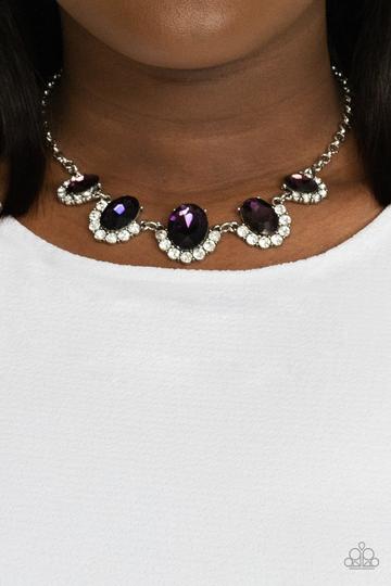 THE QUEEN DEMANDS IT - PURPLE GEM WHITE RHINESTONE SILVER NECKLACE - PAPARAZZI