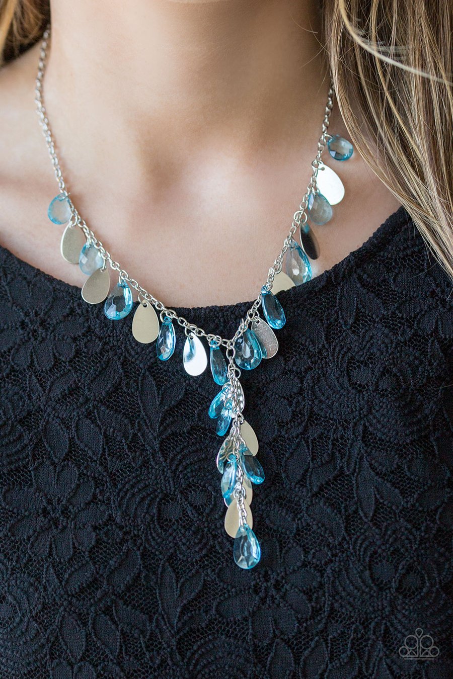 SAILBOAT SUNSETS - BLUE CRYSTAL-LIKE TEARDROP TASSLE NECKLACE Paparazzi
