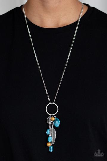 SKY HIGH STYLE -BLUE BROWN FEATHER SILVER NECKLACE Paparazzi