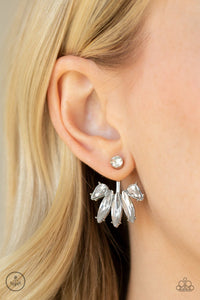 STUNNINGLY STRIKING - PAPARAZZI - WHITE RHINESTONE SILVER JACKET EARRINGS