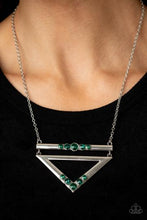 Load image into Gallery viewer, TRIANGULATED TWINKLE - GREEN RHINESTONE SILVER TRIANGLE PENDANT NECKLACE - PAPARAZZI
