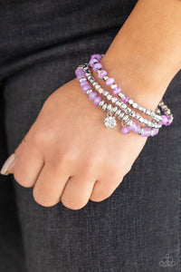 GLACIAL GLIMMER - PURPLE AND SILVER BEAD STRETCHY BRACELET SET - PAPARAZZI