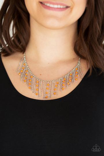 HARLEM HIDEAWAY - ORANGE BEADED TASSEL SILVER CHAINS FRINGE NECKLACE